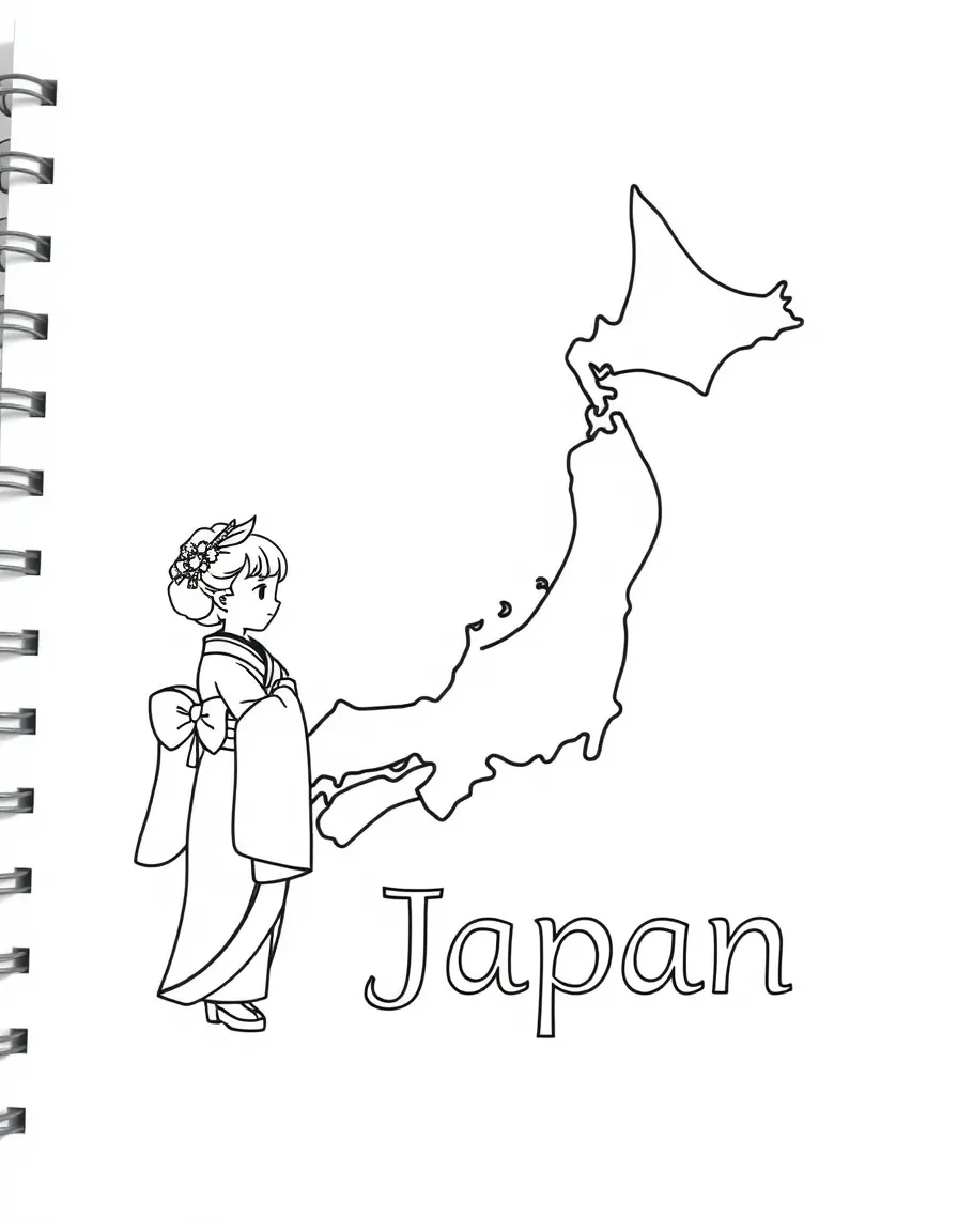 A little geisha, a simple outline map of Japan, and the word "Japan"