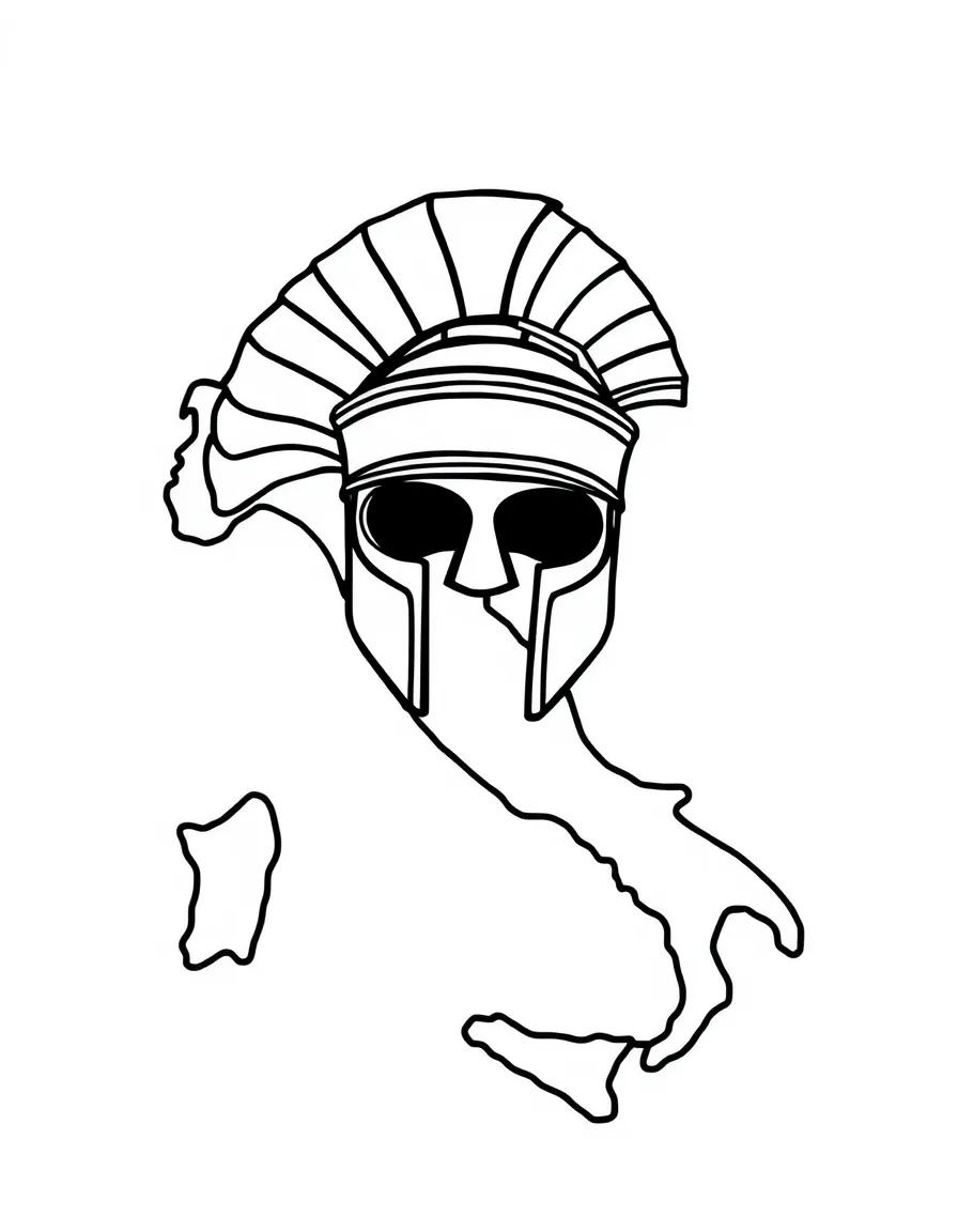 A small Roman helmet, a simple outline map of Italy, and the word "Italy"
