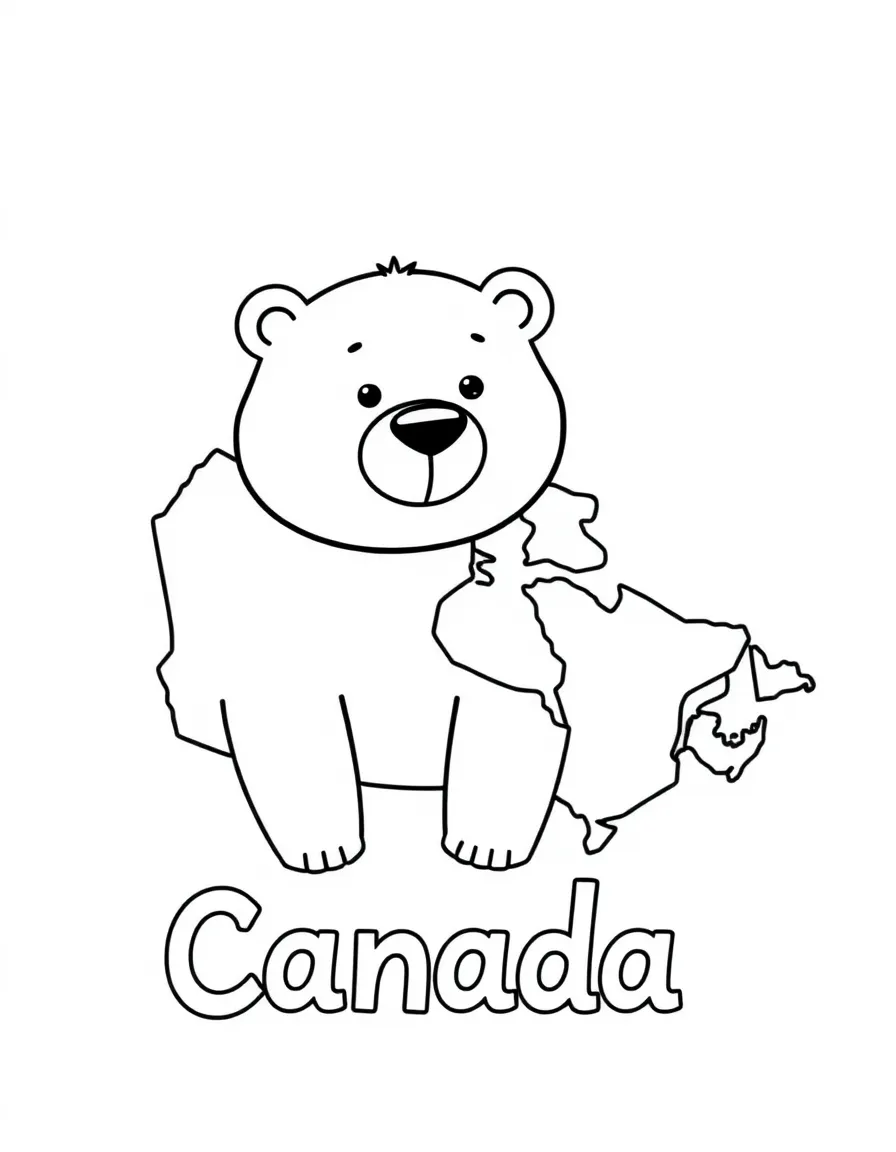A friendly polar bear, a simple outline map of Canada, and the word "Canada"