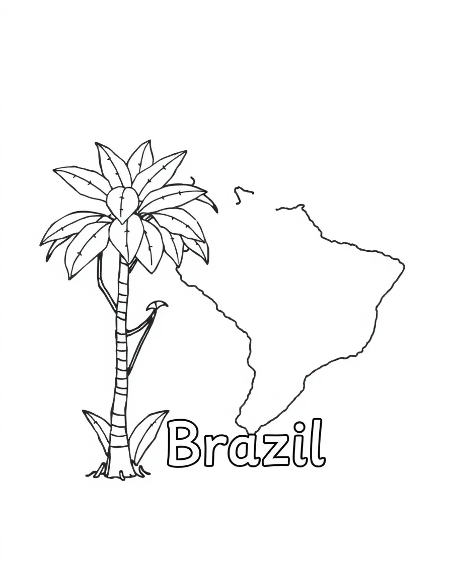 A little rainforest tree, a simple outline map of Brazil, and the word "Brazil"
