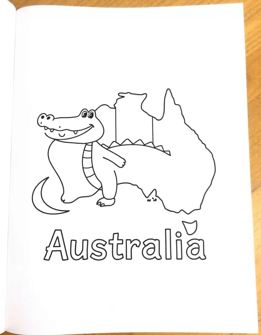 A happy crocodile, a simple outline map of Australia, and the word "Australia"