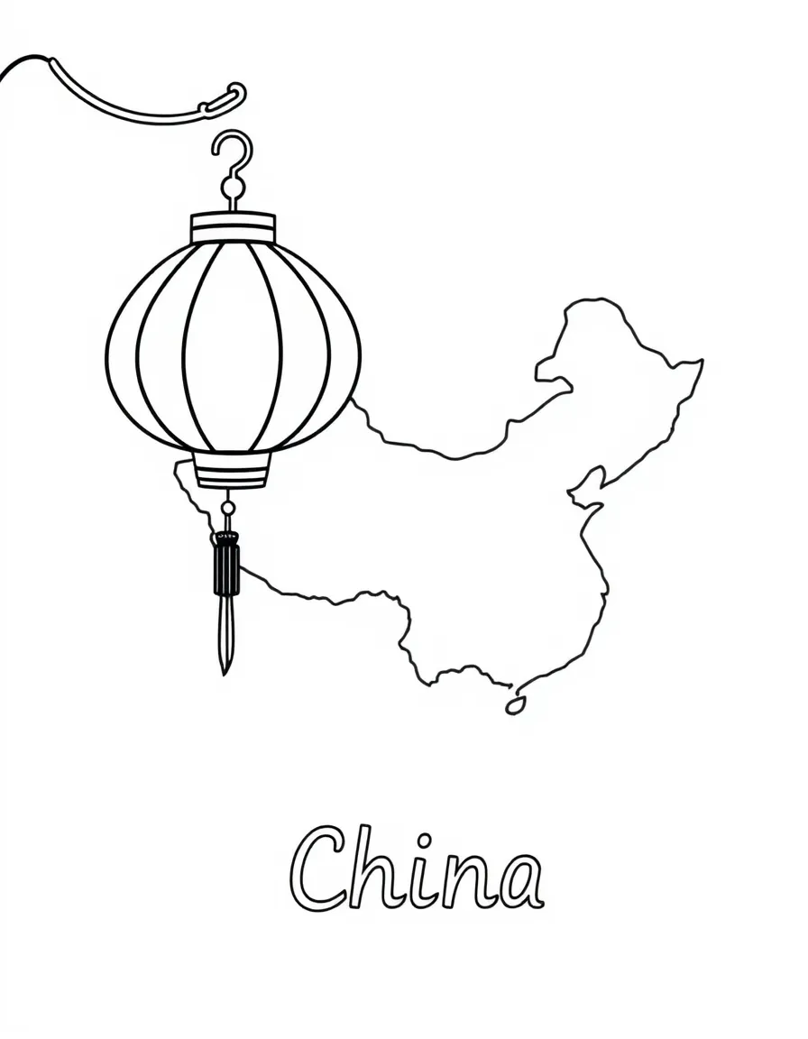 A cute lantern, a simple outline map of China, and the word "China"