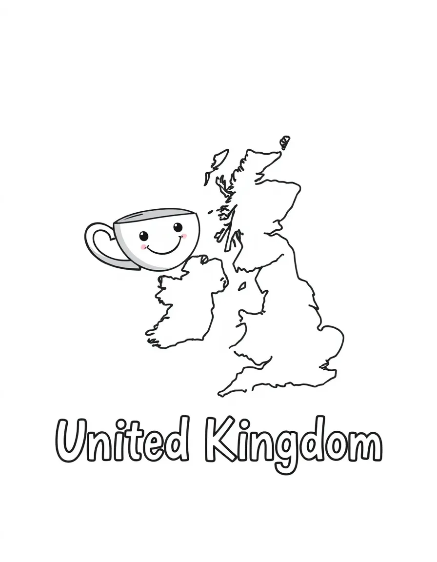 A friendly teacup, a simple outline map of United Kingdom, and the word "United Kingdom"