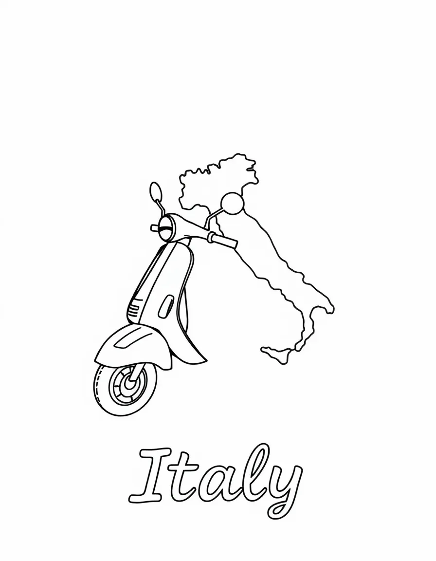 A small Vespa, a simple outline map of Italy, and the word "Italy"