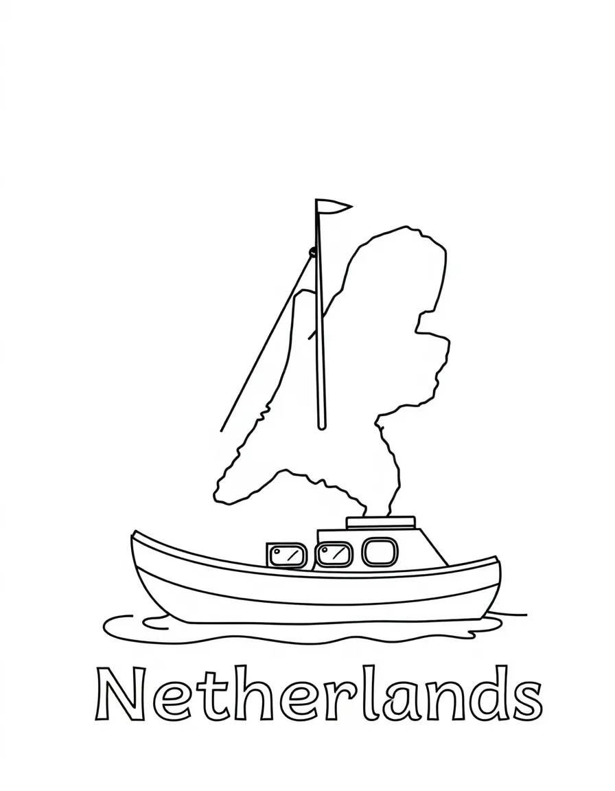 A happy canal boat, a simple outline map of Netherlands, and the word "Netherlands"