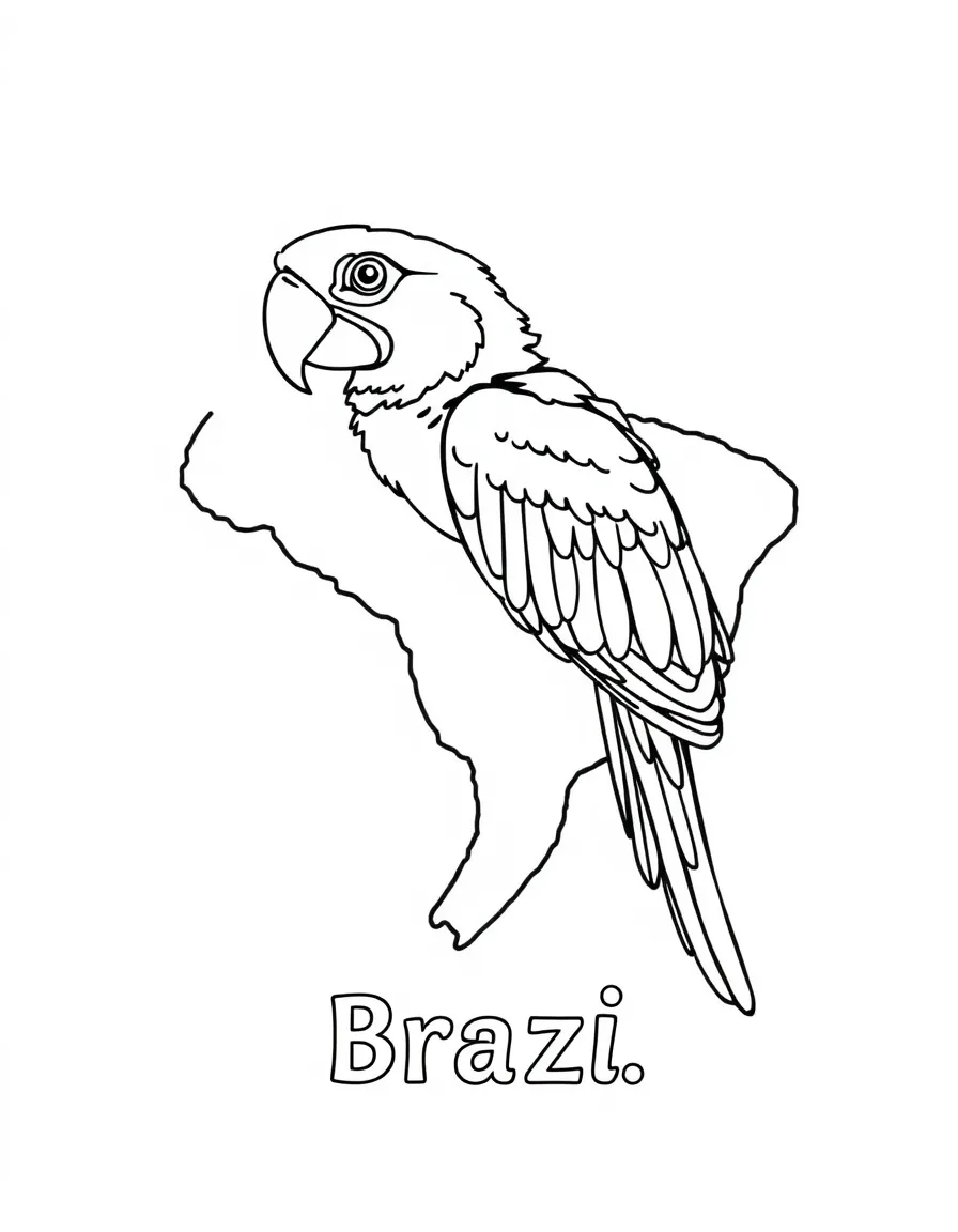 A little macaw, a simple outline map of Brazil, and the word "Brazil"