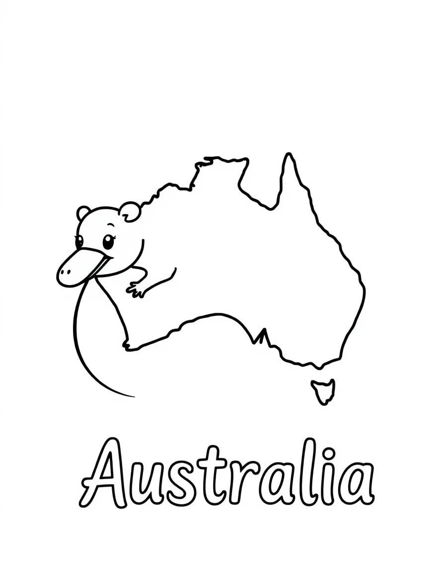 A happy platypus, a simple outline map of Australia, and the word "Australia"