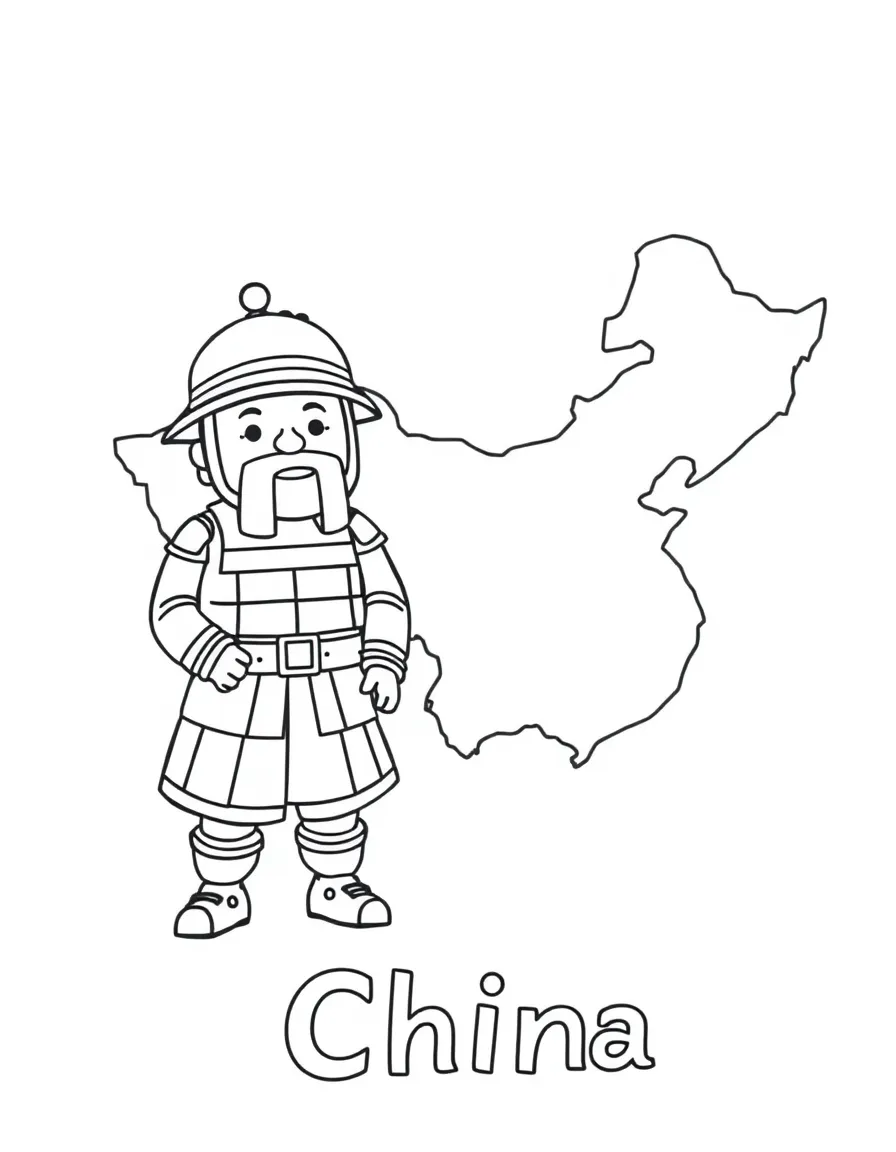 A cute terracotta warrior, a simple outline map of China, and the word "China"
