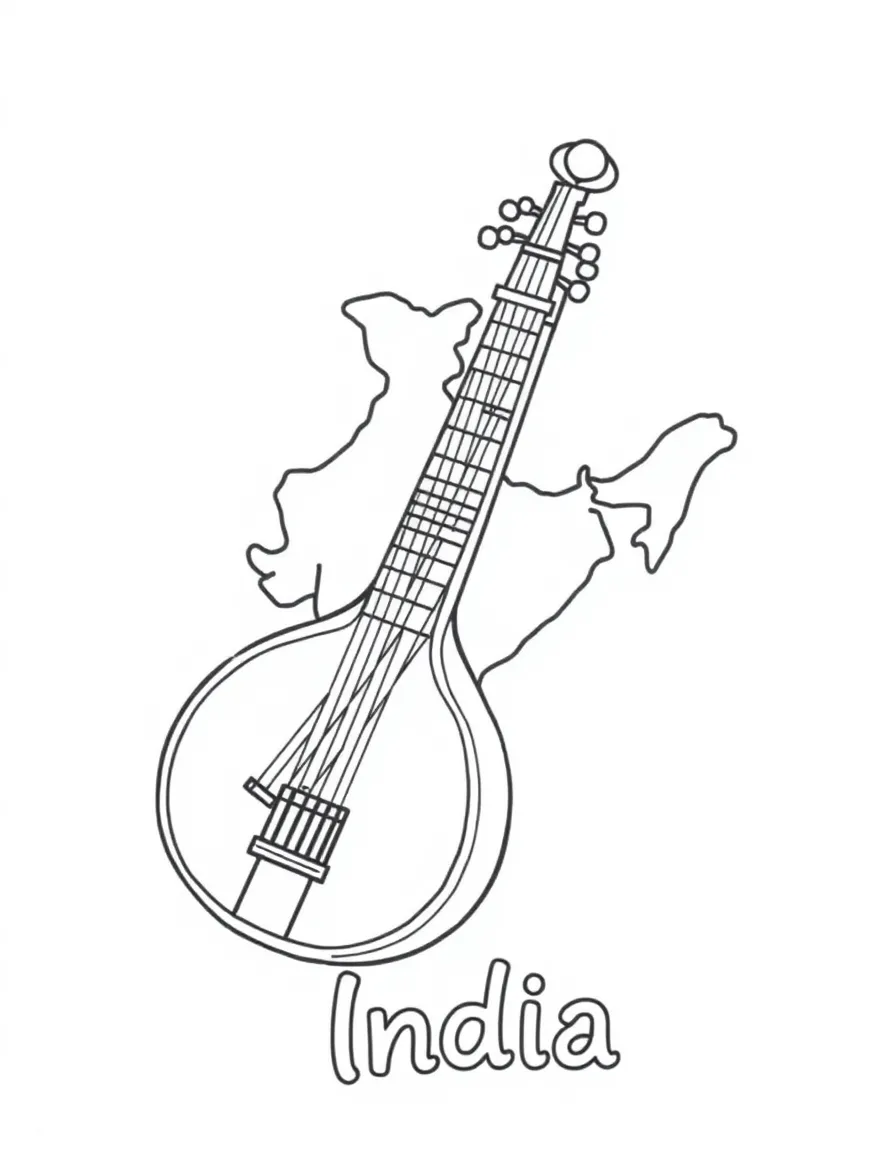 A friendly sitar, a simple outline map of India, and the word "India"