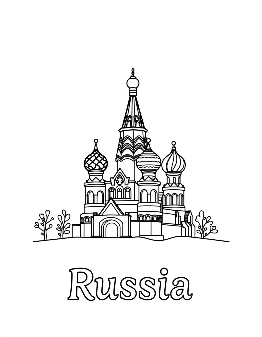 A small St. Basil's Cathedral, a simple outline map of Russia, and the word "Russia"