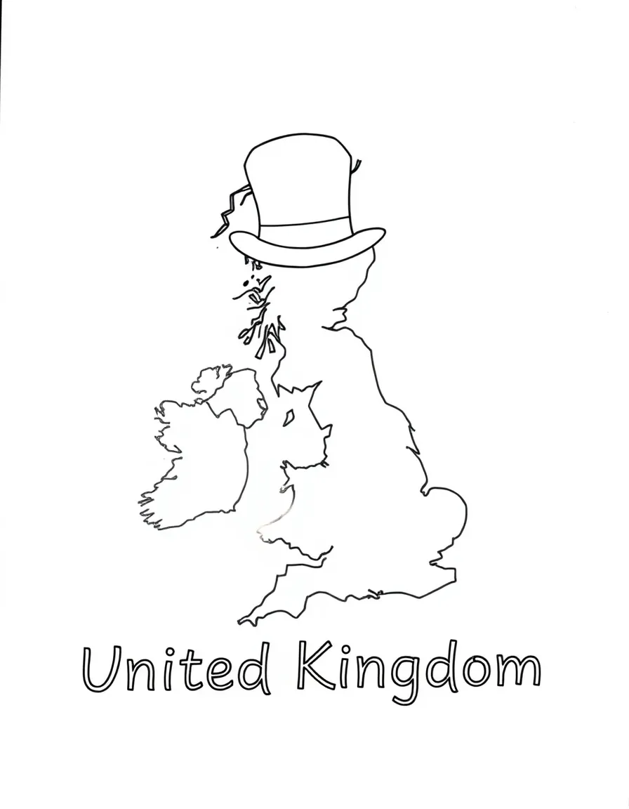A friendly bowler hat, a simple outline map of United Kingdom, and the word "United Kingdom"