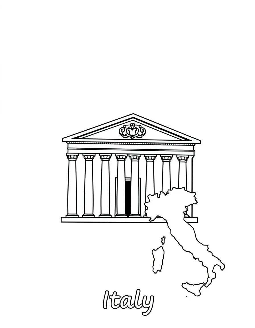 A small Pantheon, a simple outline map of Italy, and the word "Italy"