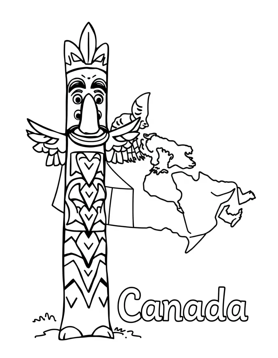 A friendly totem pole, a simple outline map of Canada, and the word "Canada"