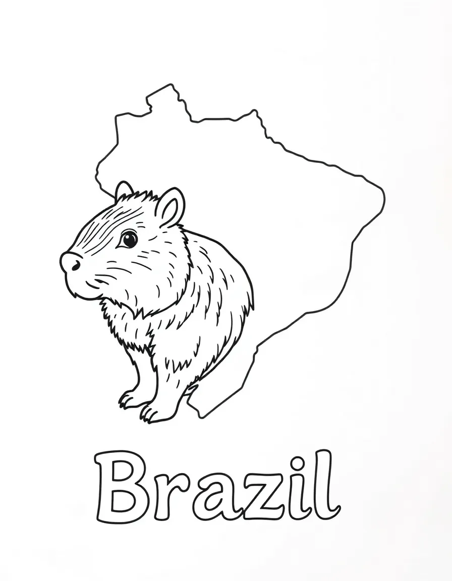A little capybara, a simple outline map of Brazil, and the word "Brazil"