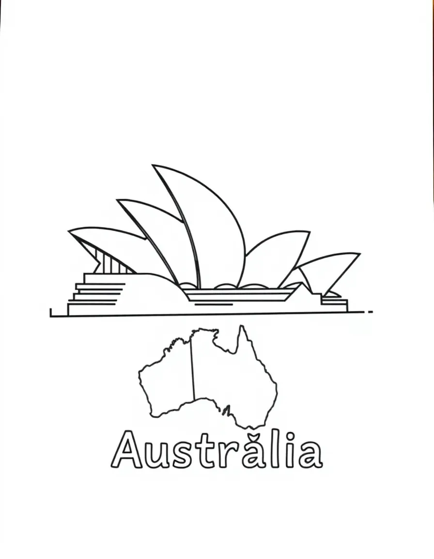 A happy Sydney Opera House, a simple outline map of Australia, and the word "Australia"