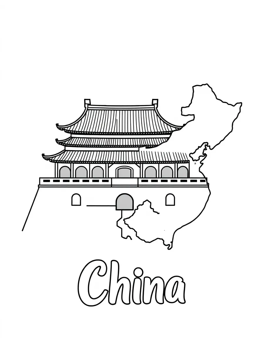 A cute Forbidden City, a simple outline map of China, and the word "China"