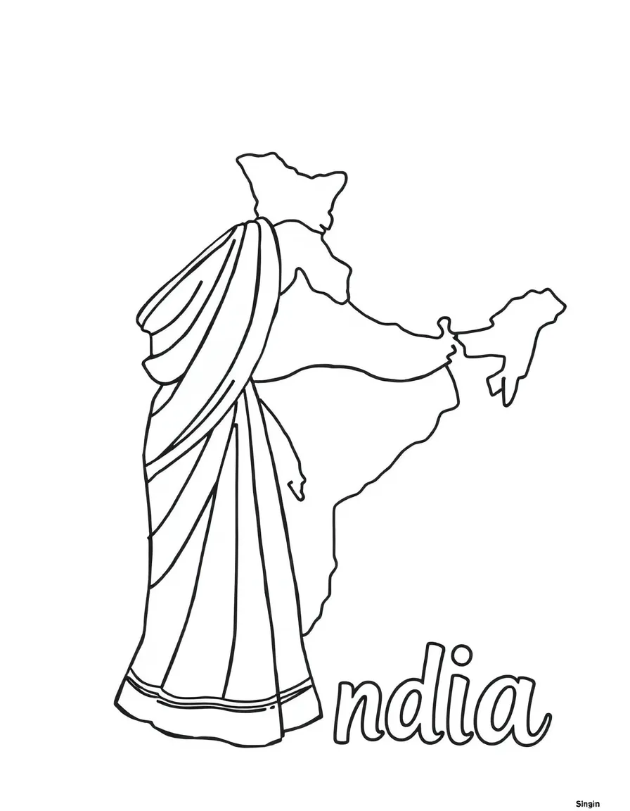 A friendly sari, a simple outline map of India, and the word "India"