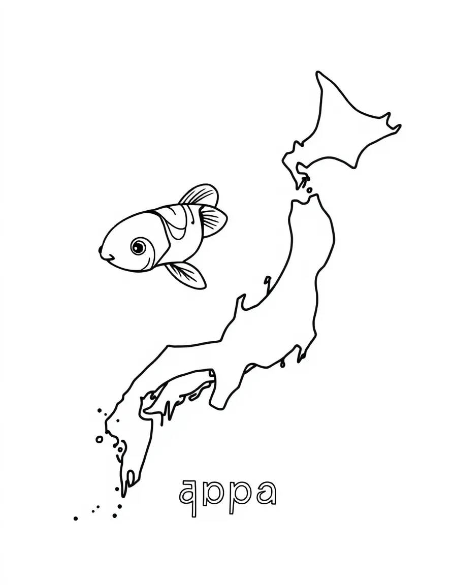 A little koi fish, a simple outline map of Japan, and the word "Japan"