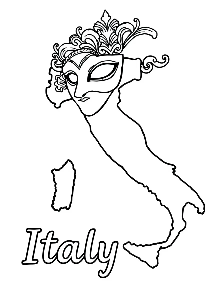 A small Venetian mask, a simple outline map of Italy, and the word "Italy"
