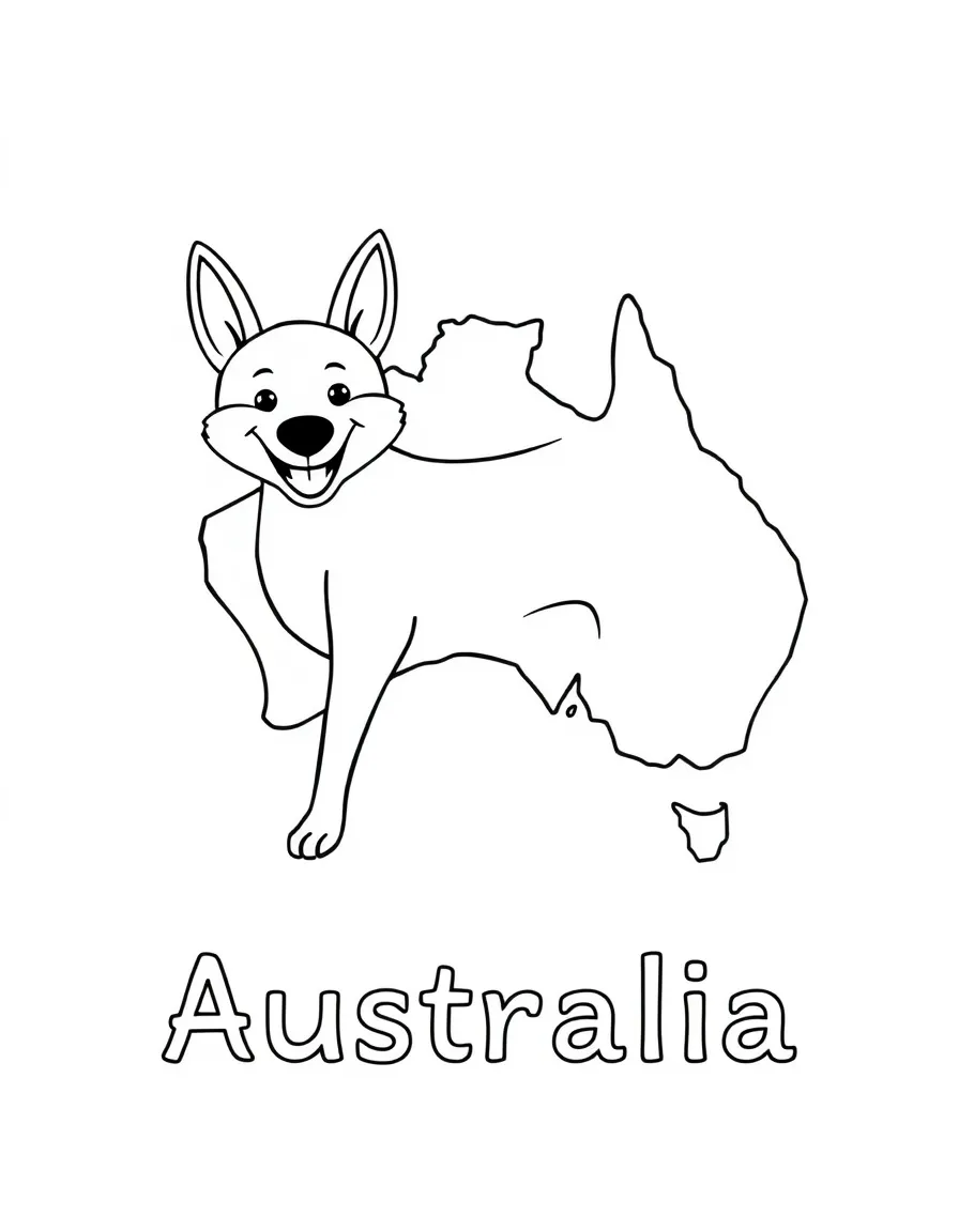 A happy dingo, a simple outline map of Australia, and the word "Australia"