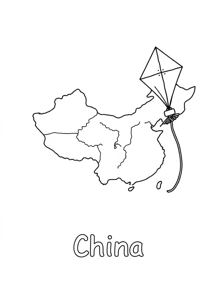 A cute kite, a simple outline map of China, and the word "China"