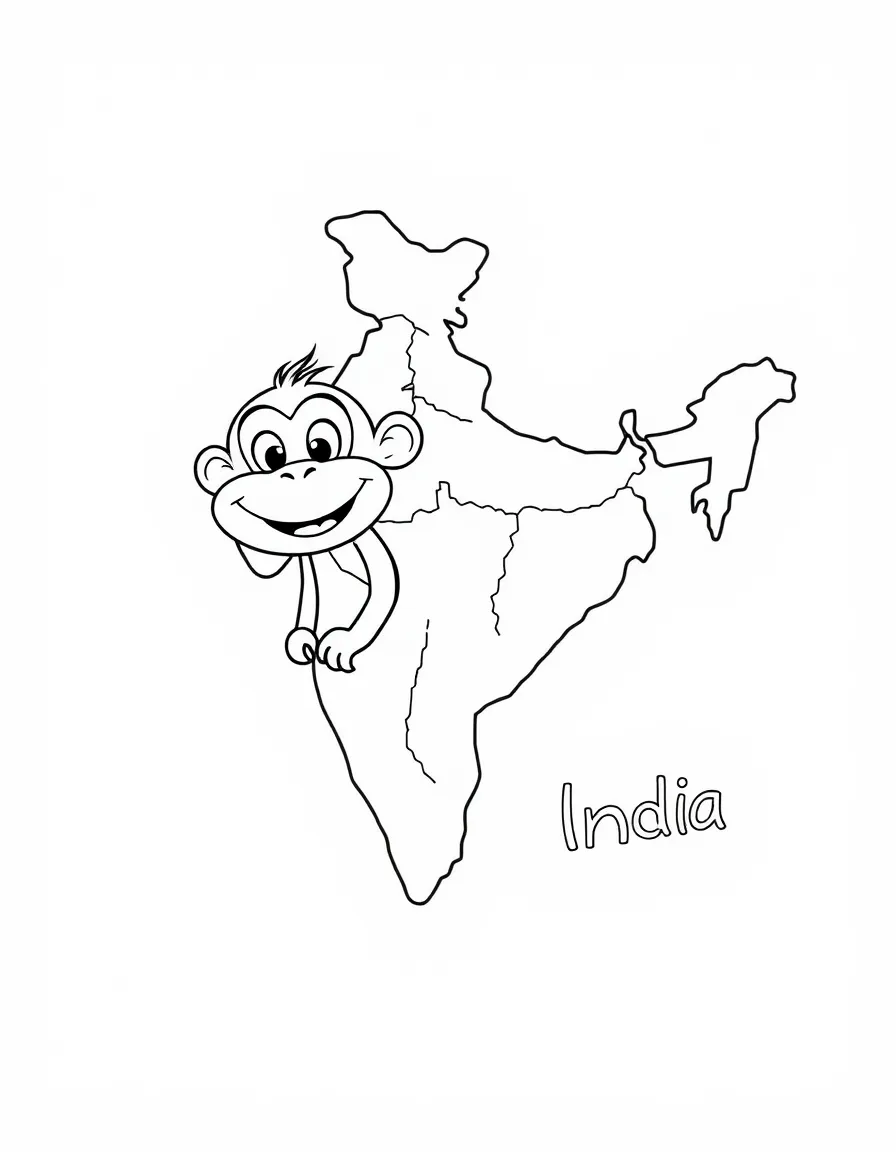 A friendly monkey, a simple outline map of India, and the word "India"