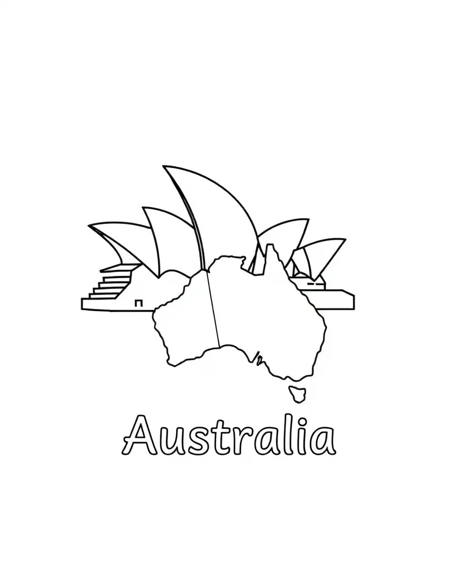 A happy opera house, a simple outline map of Australia, and the word "Australia"