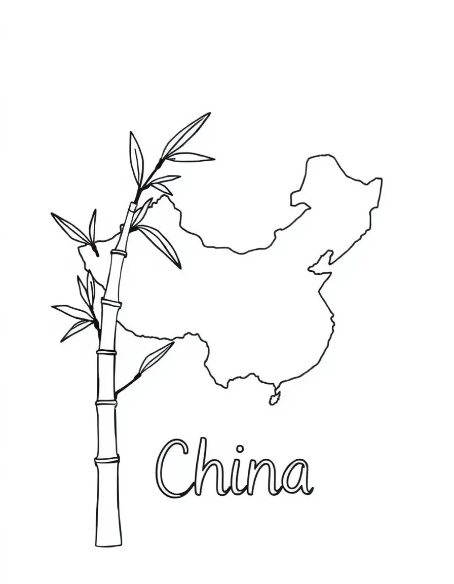 A cute bamboo, a simple outline map of China, and the word "China"