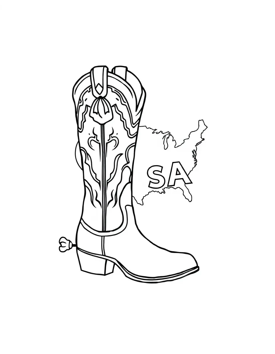 A cheerful cowboy boot, a simple outline map of USA, and the word "USA"