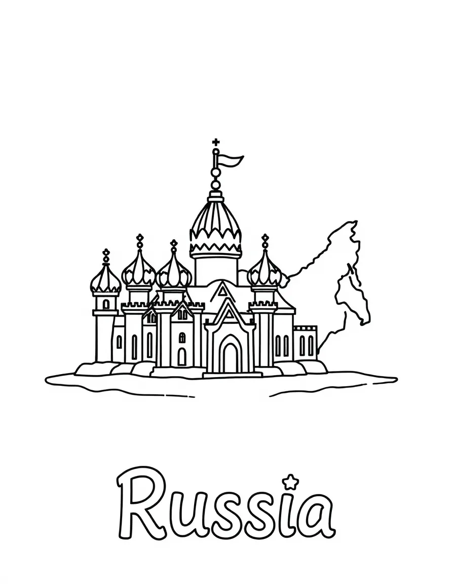 A small ice palace, a simple outline map of Russia, and the word "Russia"
