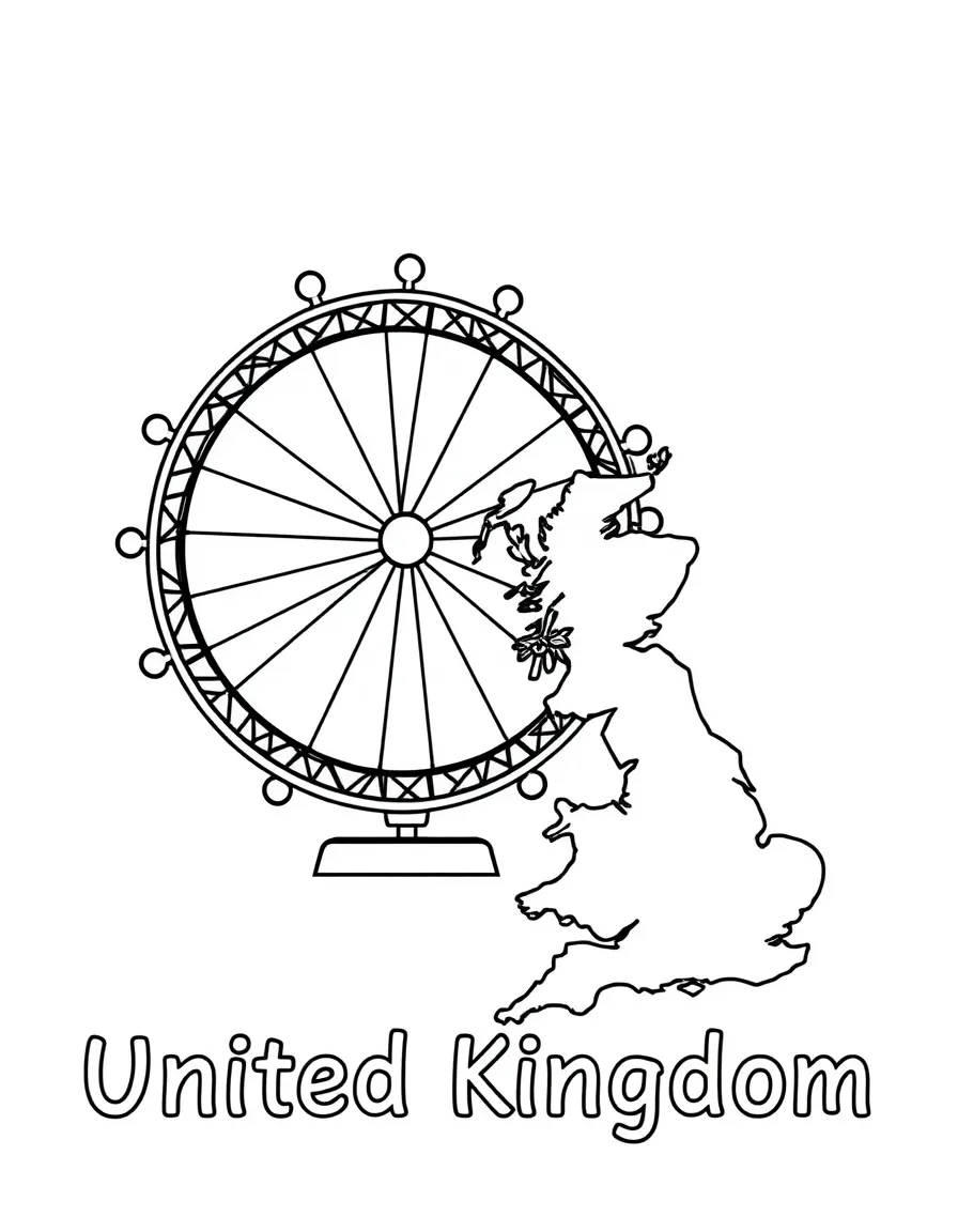 A friendly London Eye, a simple outline map of United Kingdom, and the word "United Kingdom"