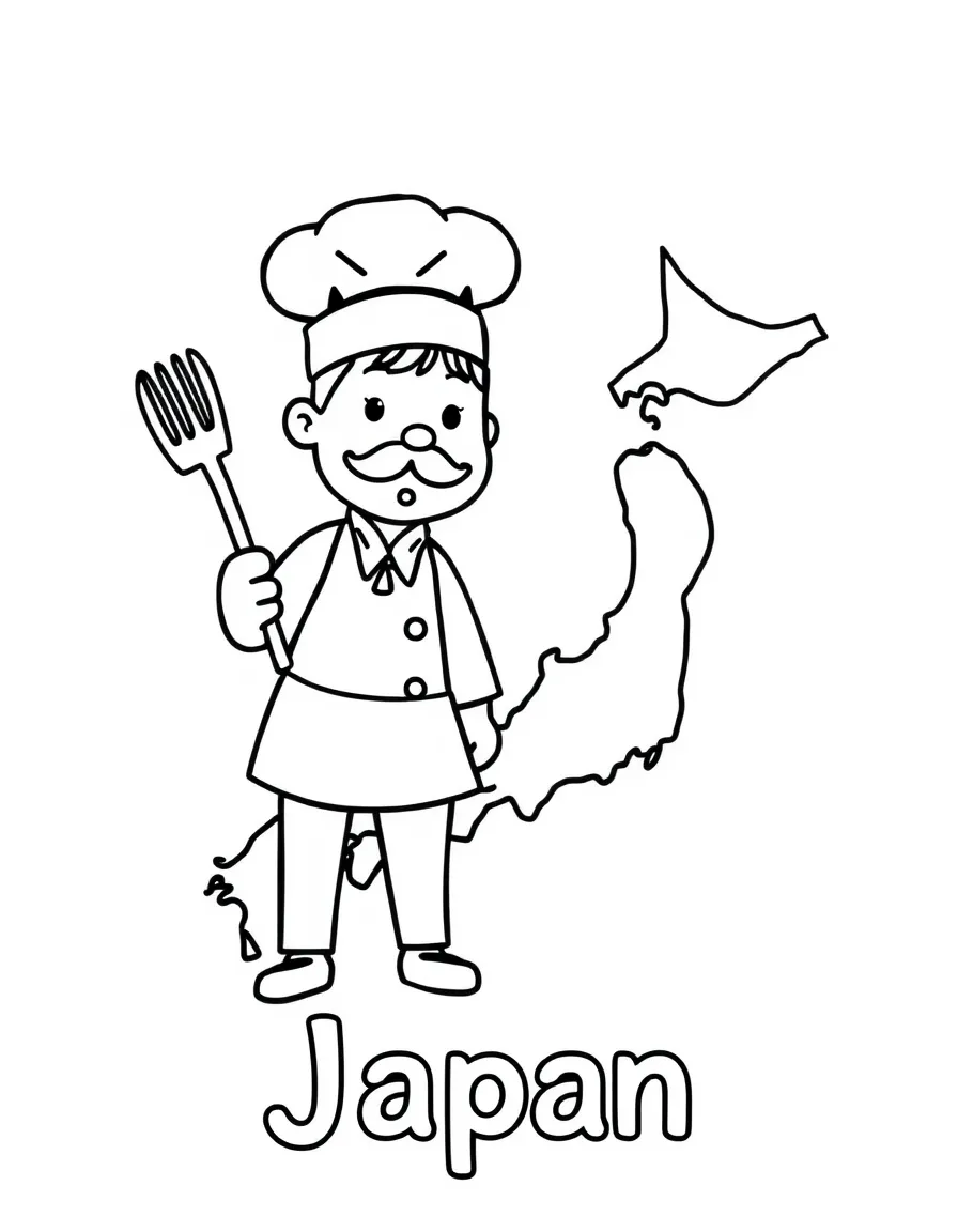 A little sushi chef, a simple outline map of Japan, and the word "Japan"