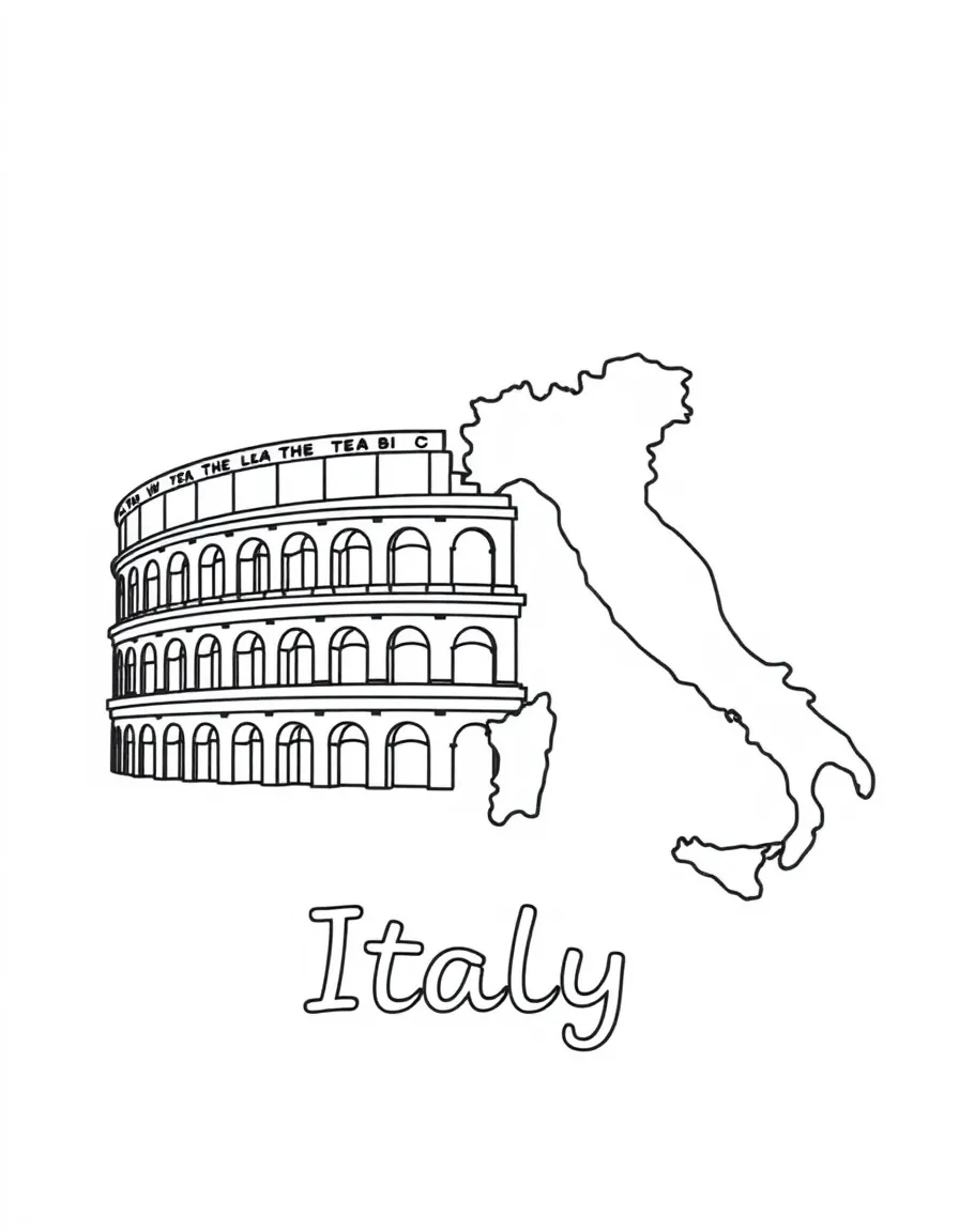 A small Coliseum, a simple outline map of Italy, and the word "Italy"