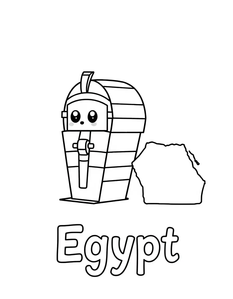 A cute sarcophagus, a simple outline map of Egypt, and the word "Egypt"