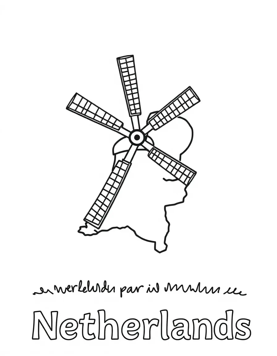 A happy windmill blade, a simple outline map of Netherlands, and the word "Netherlands"