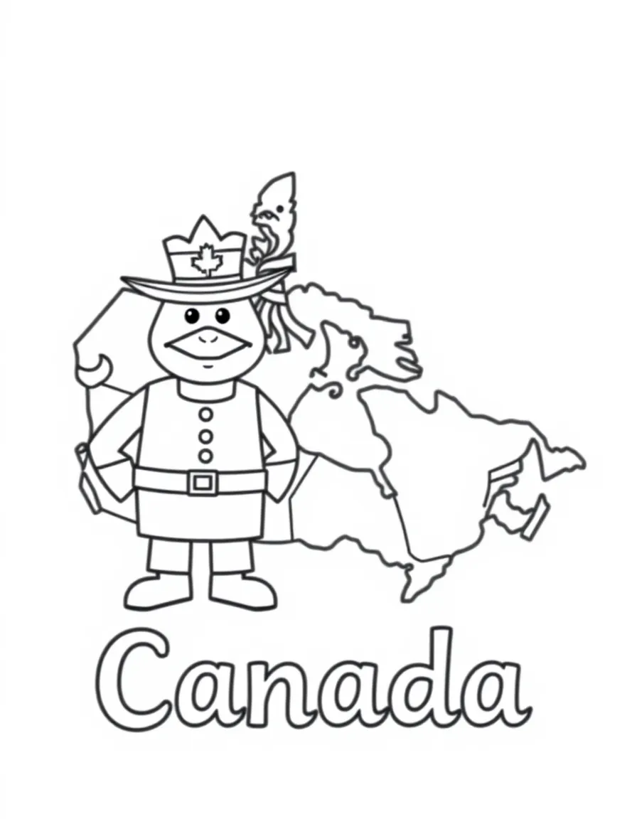 A friendly Mountie, a simple outline map of Canada, and the word "Canada"