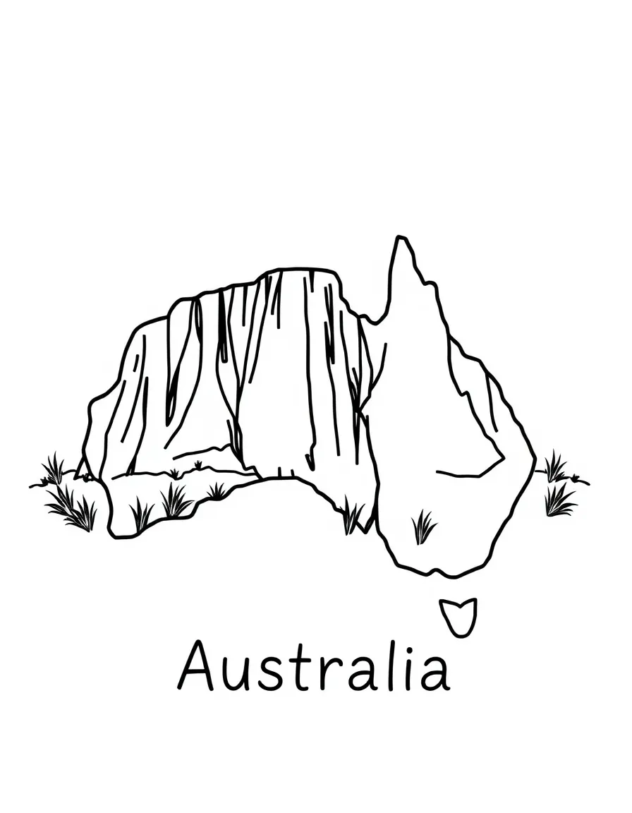 A happy Uluru, a simple outline map of Australia, and the word "Australia"