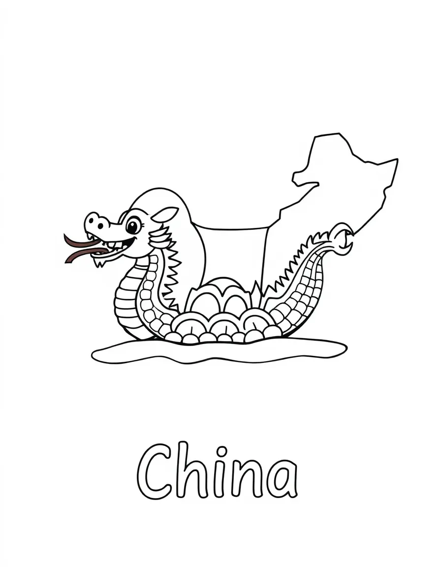 A cute dragon boat, a simple outline map of China, and the word "China"