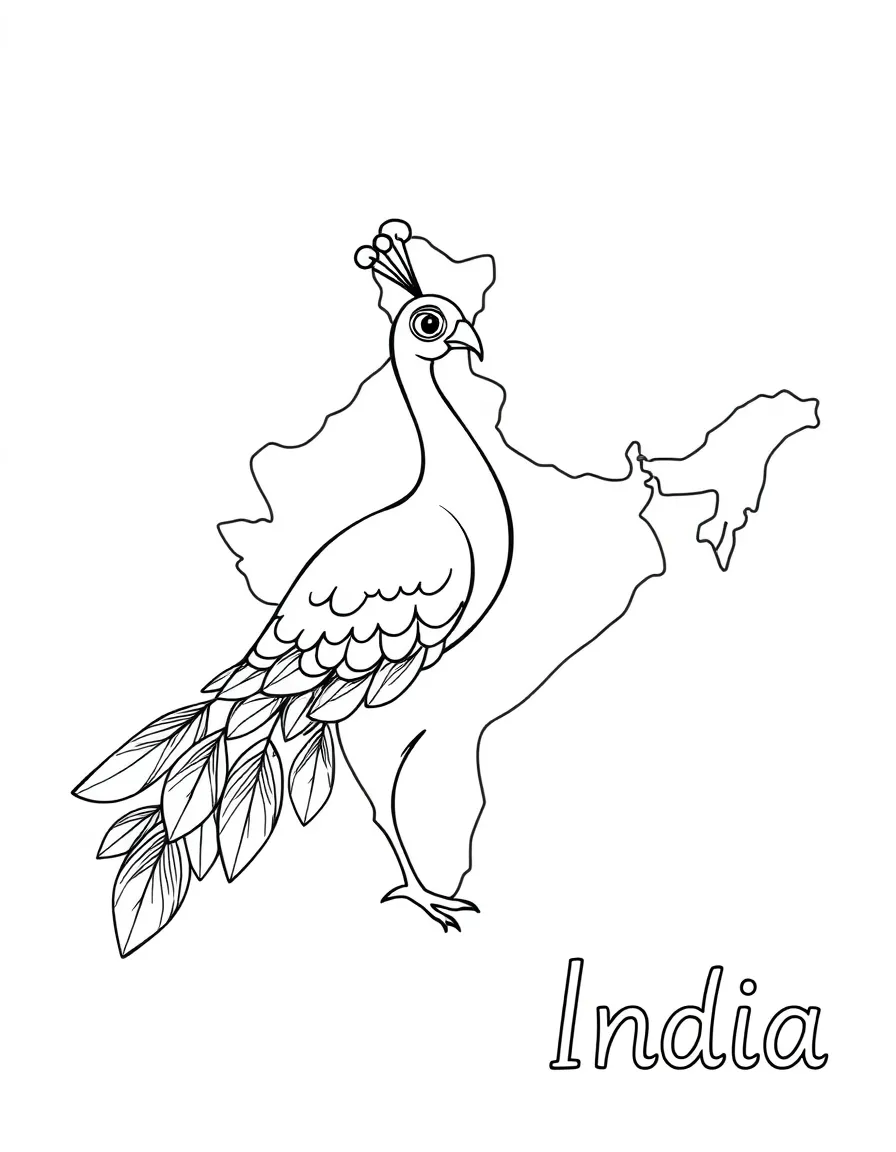 A friendly peacock, a simple outline map of India, and the word "India"