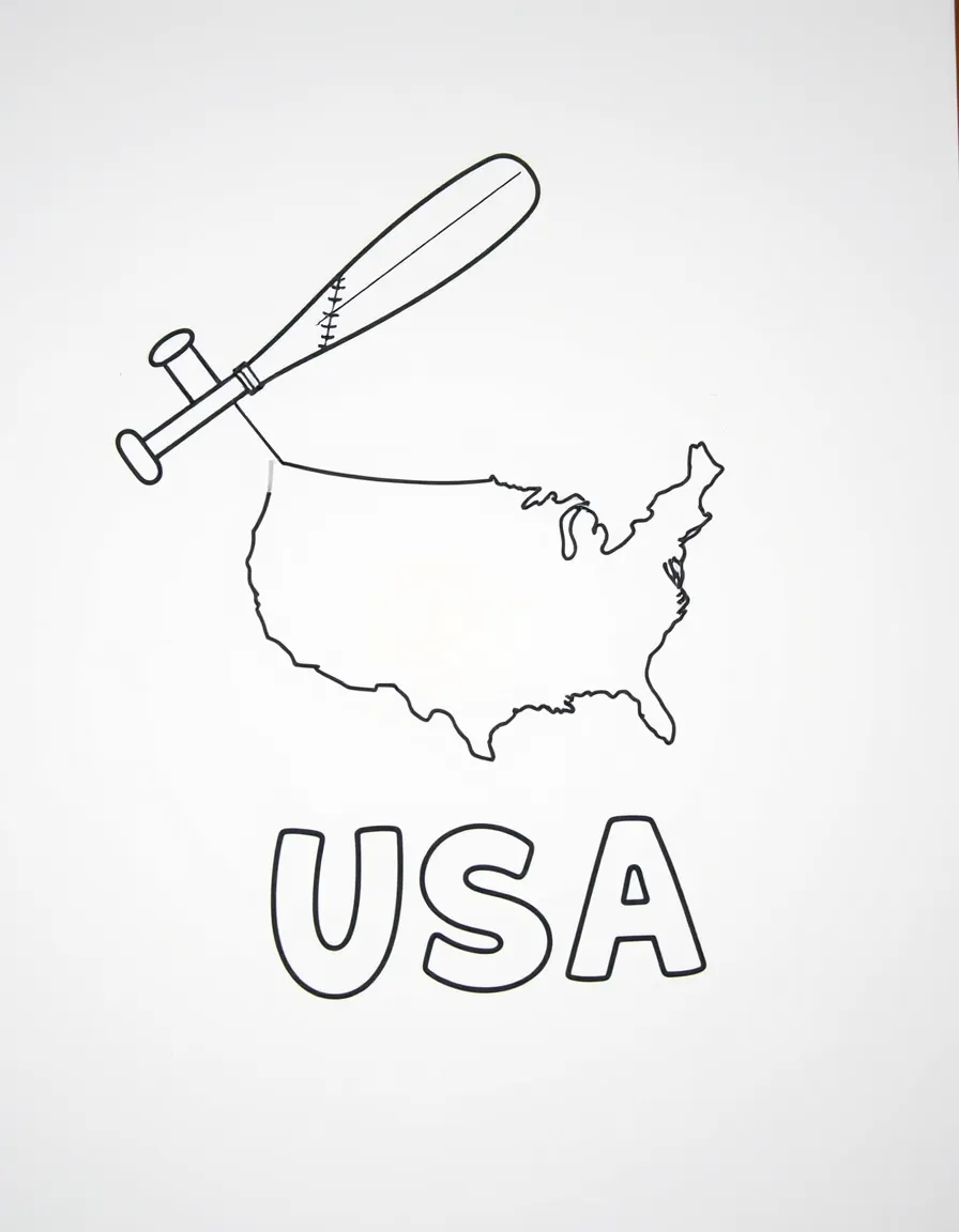 A cheerful baseball bat, a simple outline map of USA, and the word "USA"