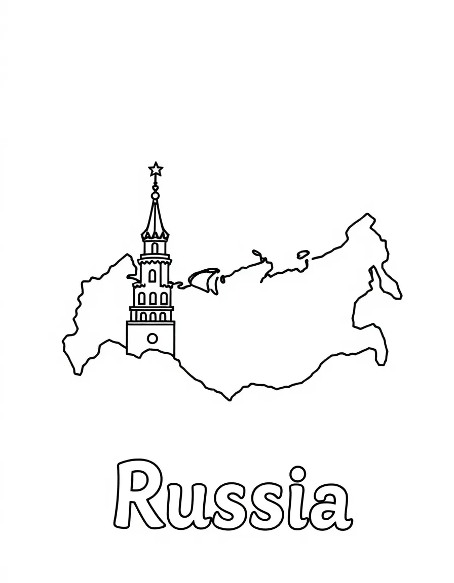 A small Kremlin star, a simple outline map of Russia, and the word "Russia"