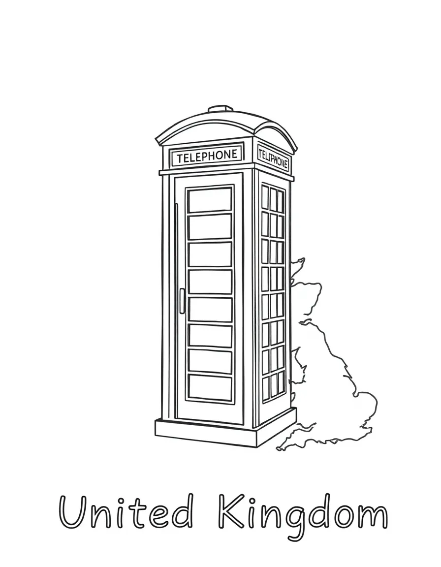 A friendly red phone booth, a simple outline map of United Kingdom, and the word "United Kingdom"