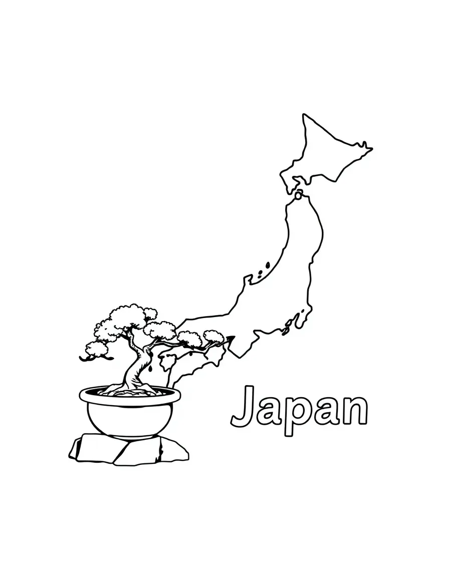 A little bonsai tree, a simple outline map of Japan, and the word "Japan"