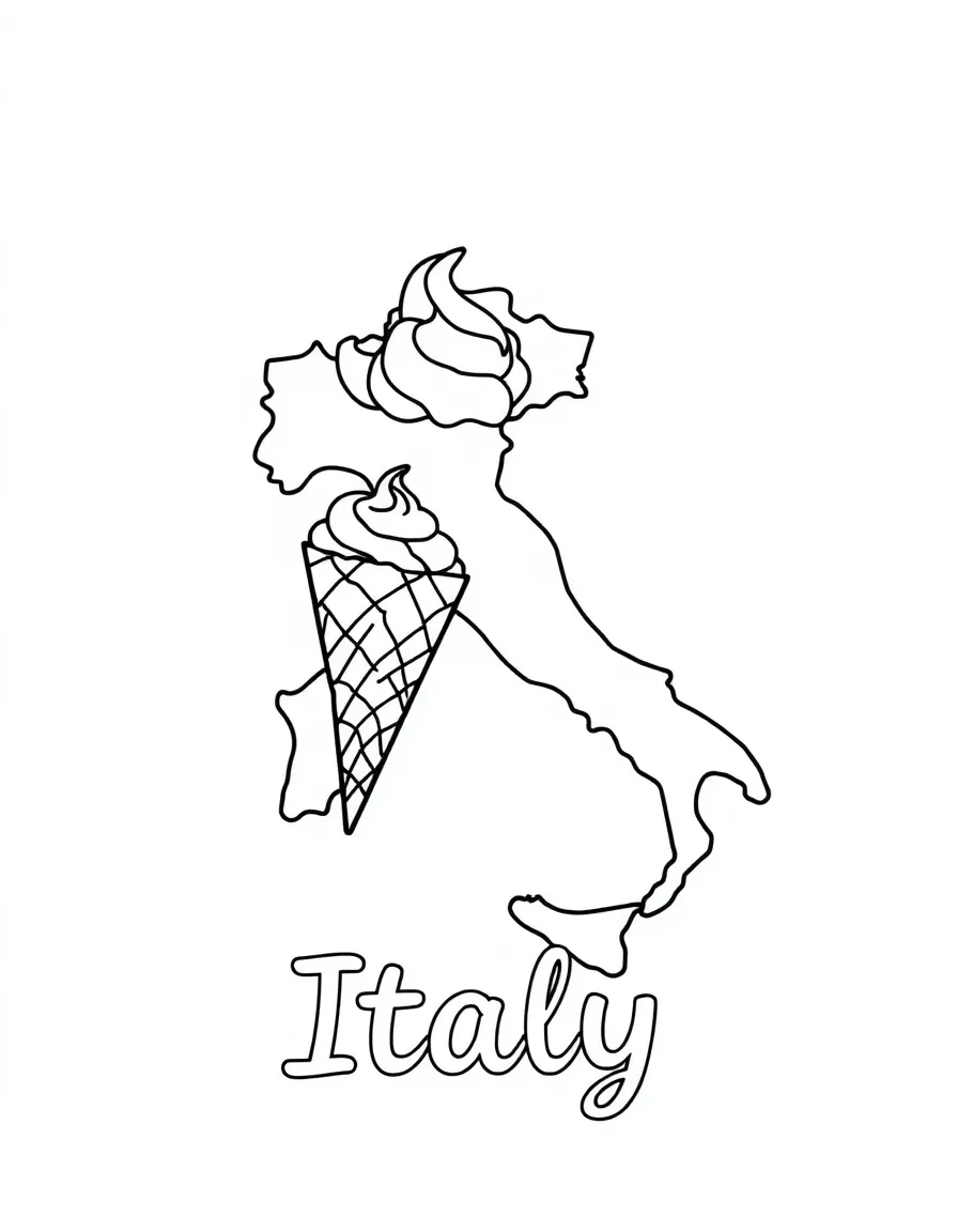 A small gelato, a simple outline map of Italy, and the word "Italy"
