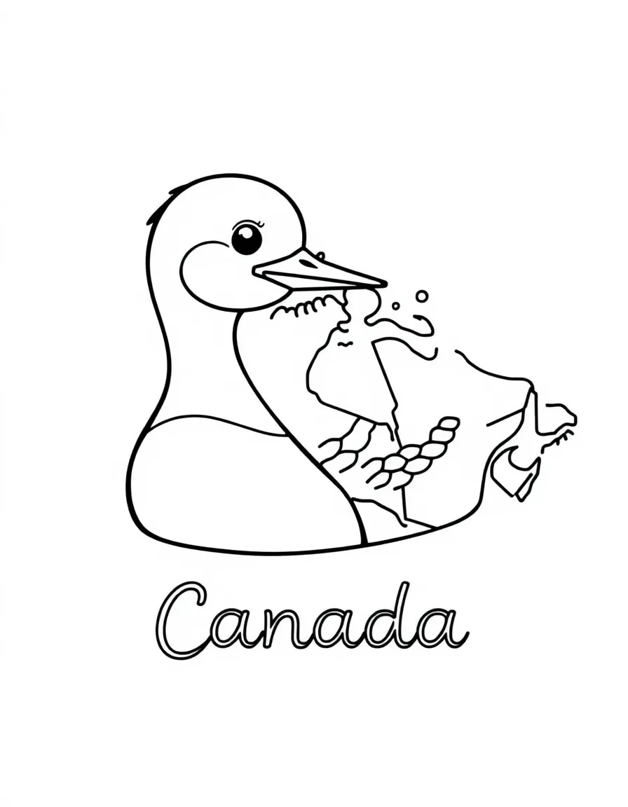 A friendly loon, a simple outline map of Canada, and the word "Canada"