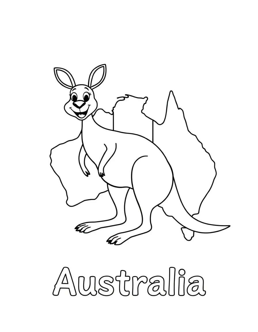 A happy kangaroo, a simple outline map of Australia, and the word "Australia"