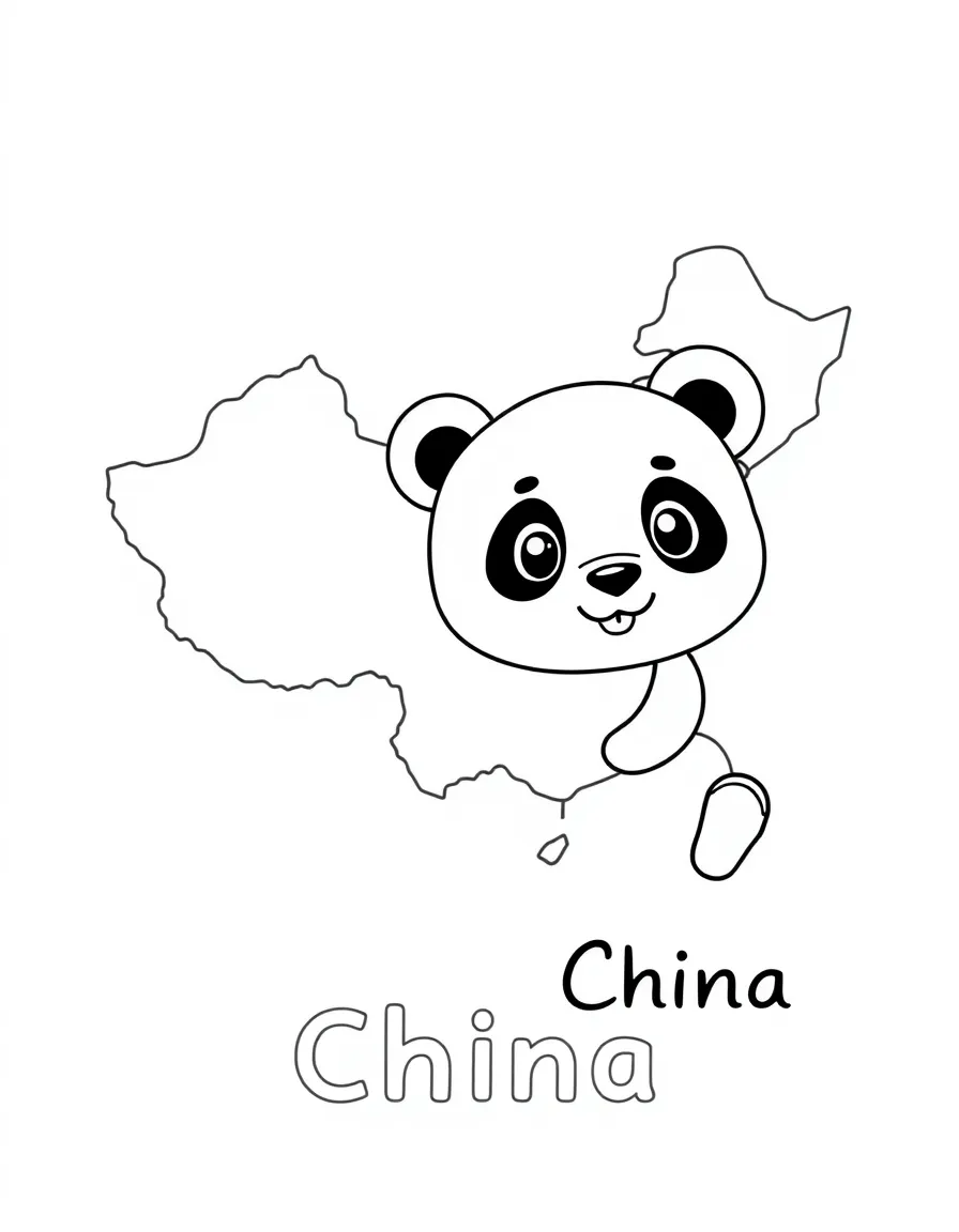 A cute panda, a simple outline map of China, and the word "China"
