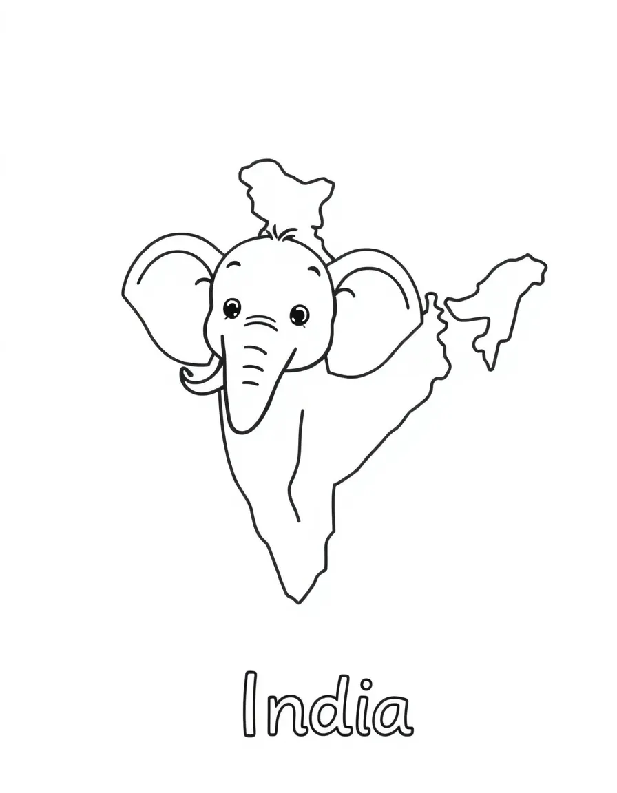 A friendly elephant, a simple outline map of India, and the word "India"