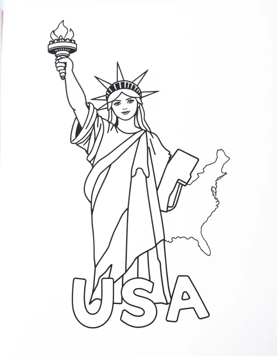A cheerful Statue of Liberty, a simple outline map of USA, and the word "USA"