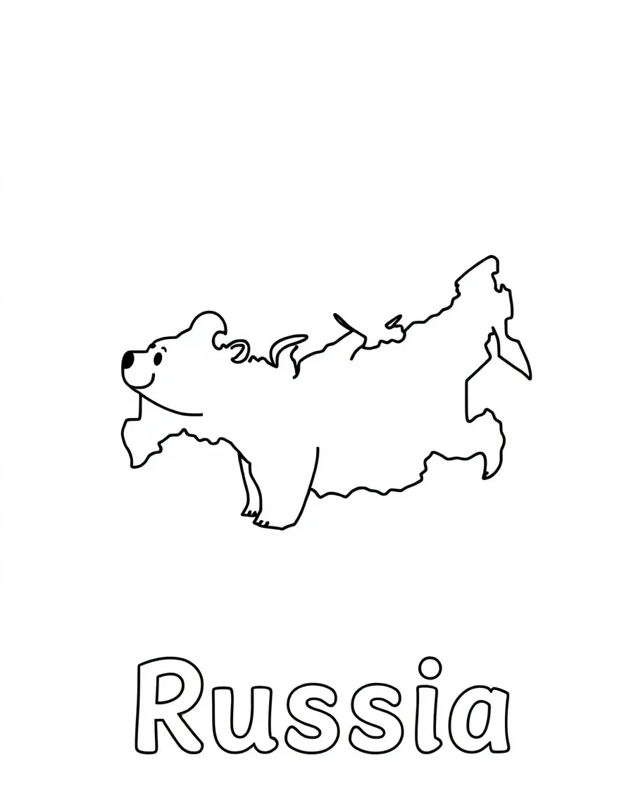 A small bear, a simple outline map of Russia, and the word "Russia"